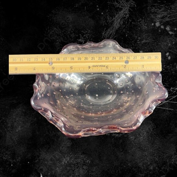 Hand Blown Art Glass Dish Bowl Ruffled Edges Purple Amethyst Glass Bullicante - Picture 8 of 9